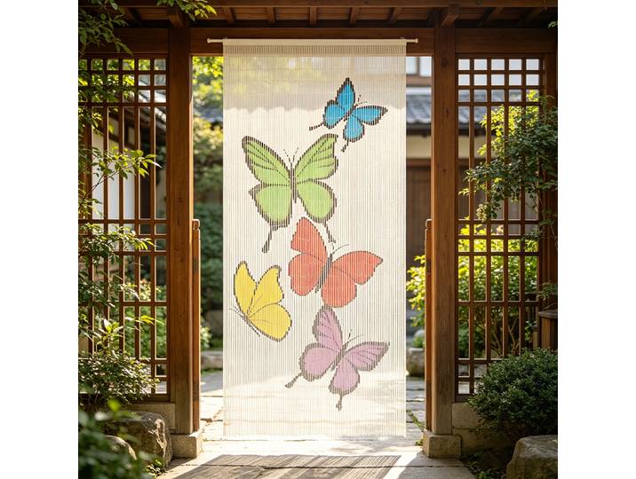 Rideau de porte en bambou multicolore 90x200cm, anti-insectes, élégant et silencieux, décoration intérieure avec motif papillon