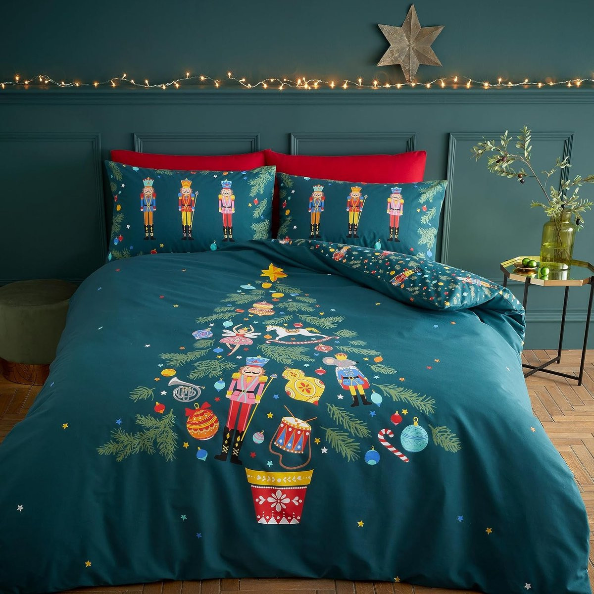 Kerst Nutcracker Reversible King Dekbedovertrek Set met Kussenslopen - Groen