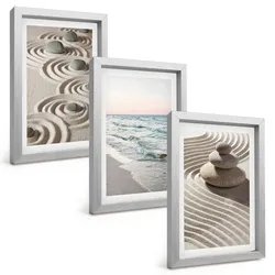 BILDER SET 3er Set - 20x30 cm Silberner Rahmen - Wellen, Sand, Wasser, Steine, Strand