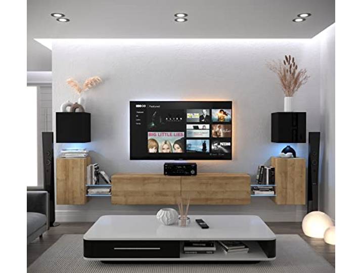 Furnitech Wohnwand Wohnzimmer Hängend Wohnwand Modern Wohnzimmer Schrankwand mit Regale und TV Schrank Wohnzimmer Möbel ohne LED (AN105-21BDZ-HGM6 1B)
