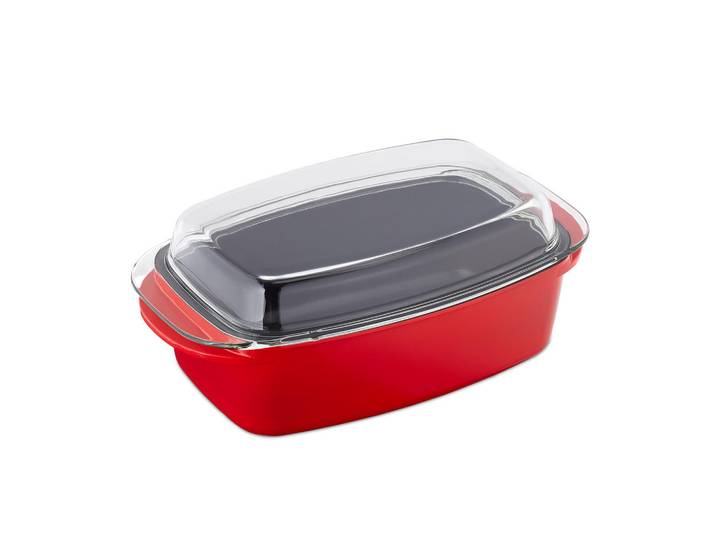 Relaxdays Bräter Rot Aluguss Antihaft mit Glasdeckel 5 L, Metall, Glas, 39.5x15x22.5 cm, Kochgeschirr, Töpfe, Bräter