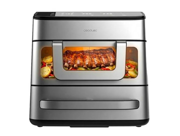 Cecotec Heißluftfritteuse und Ofen 18L Cecofry FoodCourt 18000 4Pizza+, 9L 2700W, Pizzaofen 12 Inklusive Stone, Heißluftfritteuse, Trennwand, Farbbildschirm, Edelstahl, Synchronisation der Körbe