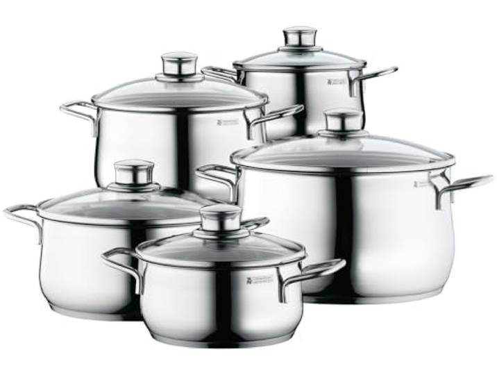 WMF Diadem Plus Topfset Induktion 5-teilig, Kochtopf Set mit Glasdeckel, Cromargan Edelstahl poliert, Induktions Töpfe Set unbeschichtet