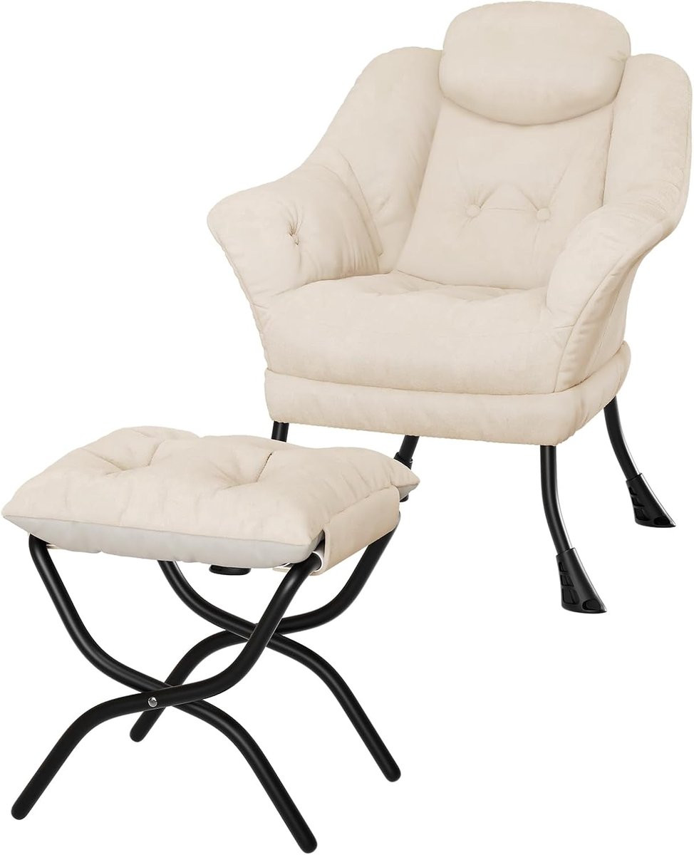 HOERFURIY Moderne Relaxstoel met Hocker en Zijvak - Pluche Imitatiebont - Beige