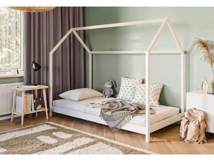 Kids Collective Hausbett Kinderbett 90x200 cm Bett mit Lattenrost Bed Kinder Jugendbett, Einzelbett, weiß Kiefer Holz massiv Junge Mädchen mit Matratze