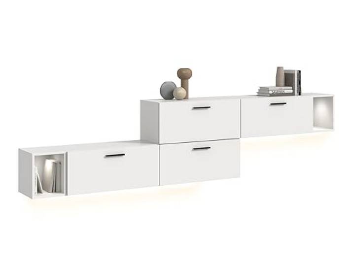 xonox.home – Wohnkombination inkl. Beleuchtung The One 276x97x34 cm in Weiß – Breite Wand mit 4 Klappen & LED-Licht – 10 Fächer bieten Stauraum & setzen Ihre Dekorationen perfekt in Szene