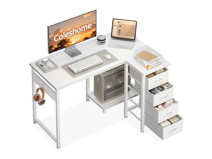 Bureau d'angle avec 4 Tiroirs 100 x 70 cm Blanc Blanc 100x70cm 100x70cm BUREAU