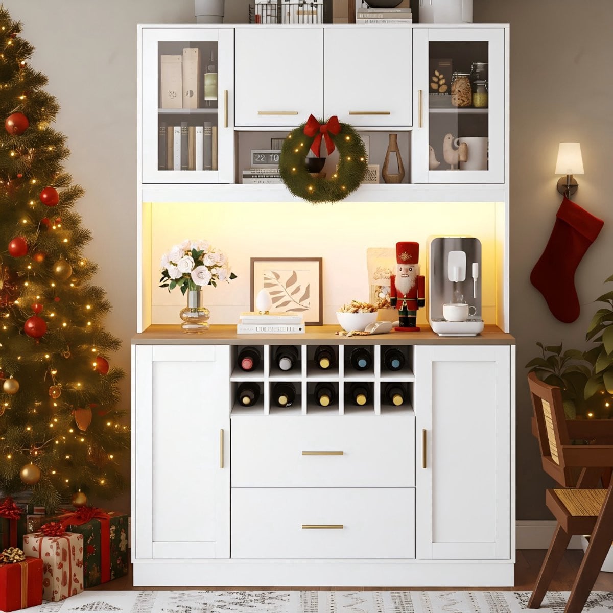 Sweiko Keukenkast Dressoir met LED-verlichting, Wijnrek en 2 Lades - Wit