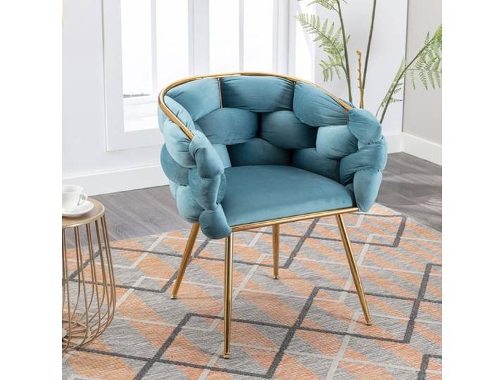 Fauteuil Design en Tissu Tressé Bleu et Pieds Métal Or - Chaise Loisir Élégant et Stable pour Coiffeuse et chambre - Chic