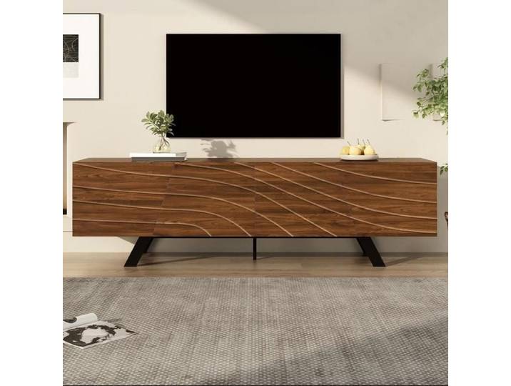 Meuble TV - KOMHTOM - moderne - 160x39x50.5 cm - effet noyer - pieds métal noir