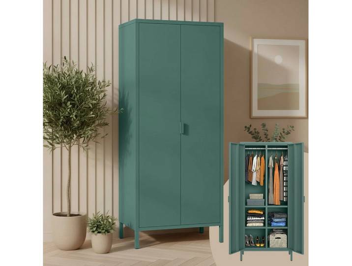 skølm Kleiderschrank Ituri aus Metall (Dunkelgrün) Metallschrank mit 6 Fächern & 2 Kleiderstangen, 170x80x45 cm