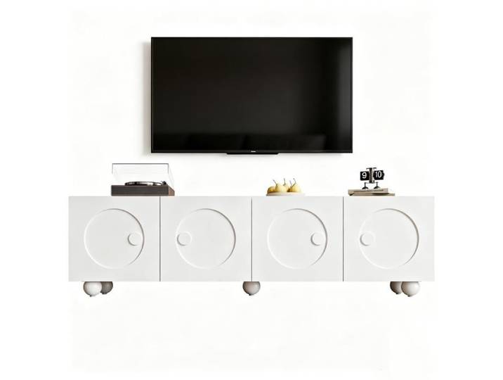 Meuble TV blanc mat avec design en relief 3D - Meuble bas de 180cm - Table TV moderne avec espace de rangement