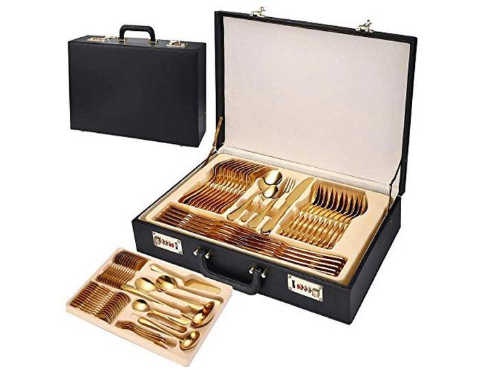 Zixin 72-teiliges Goldenes Besteck-Set für 12 Personen, Geschirr Set, Gabel, Löffel, Messer, Spiegelpoliert, Edelstahl, Spülmaschinenfest, zeitgenössisch, FLATWARE SET, Besteck