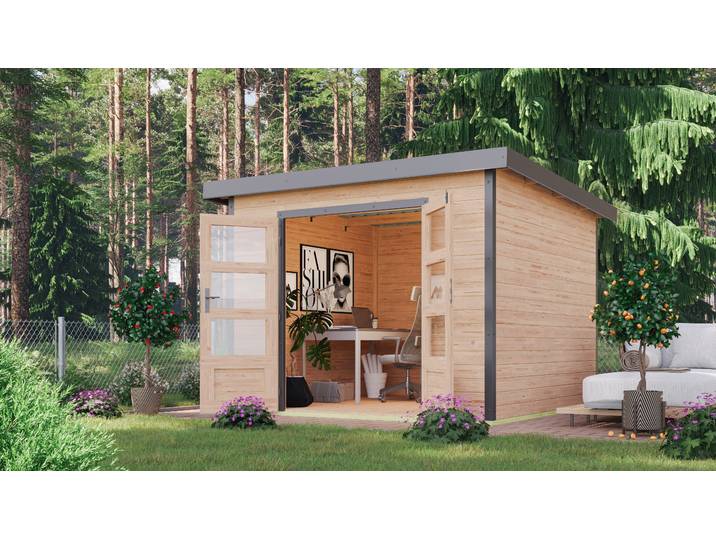 Gartenhaus KARIBU Plutino 6, in verschiedenen Farben , naturbelassen, graualuminium, ohne Fußboden, Blechdach, Massivholz, Gartenhäuser, Gartenhaus