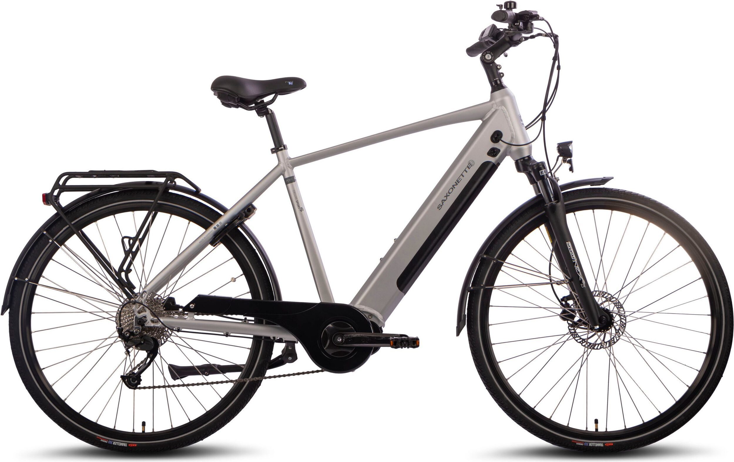 SAXONETTE E-Bike Deluxe Sport ,10 Gang, Mittelmotor, 418 Wh integrierter Akku, Pedelec, Elektrofahrrad, Trekkingrad (Ramenhöhe 54 , Silber)
