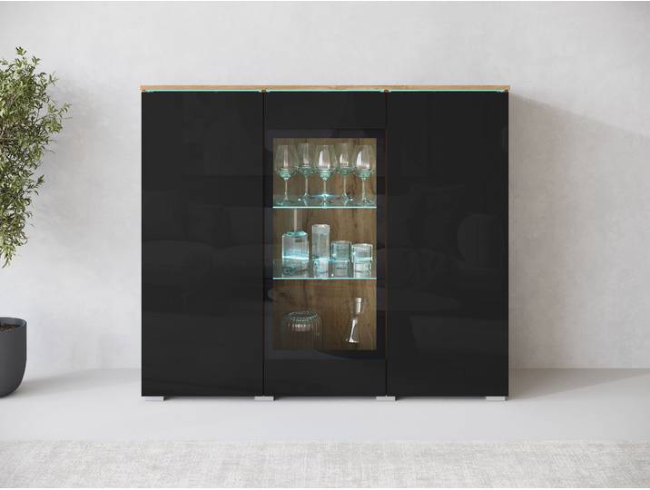 Highboard HOME AFFAIRE Vera , votaneichefarben, schwarz hochglanz, B:120cm H:103,3cm T:39,5cm, Sideboards, Highboard, Highboard mit 4 Türen, 9 Fächern, verglasten Türen