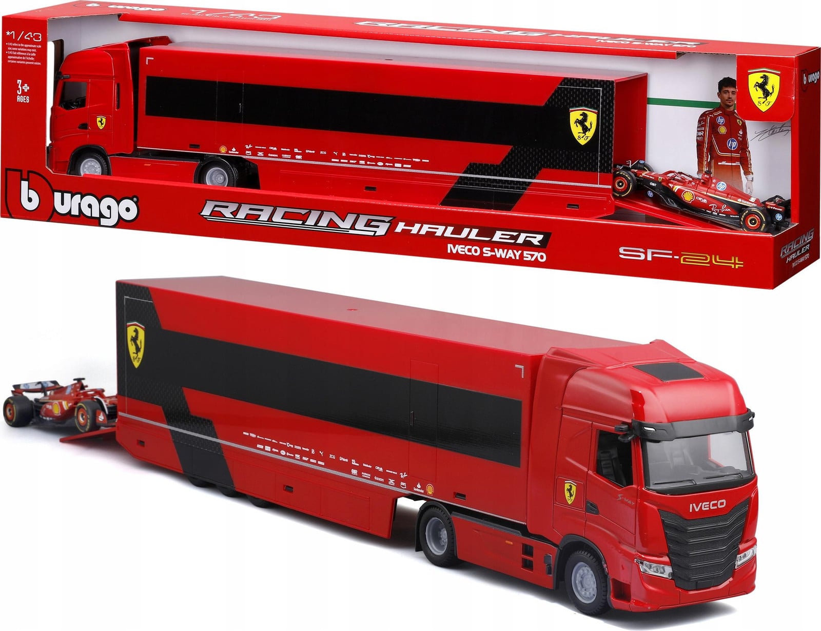 Bburago Ferrari Trailer Iveco S-Way Modelvrachtwagen met Aanhanger, Schaal 1:43, Metaal en Kunststof