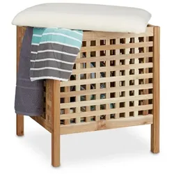 Relaxdays Badhocker Walnuss mit Wäschesammler Weiß,Hellbraun