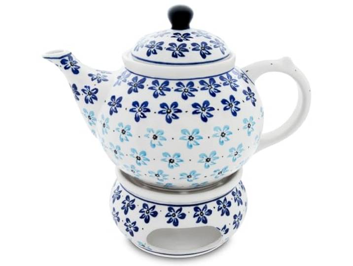 Bunzlauer Keramik 1,25L Teekanne mit Stövchen – Klassische, rundliche Form mit elegant geschwungenem Ausguss (Dekor 1111)