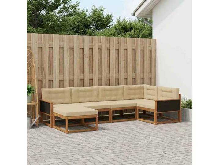 HFMDRMU Modulares Outdoor-Sofaset aus massivem Akazienholz mit Kissen, 6-teilig, Natur und Beige, für Garten und Terrasse mit Lattenrahmen-Design und unterstützender Rückenlehne