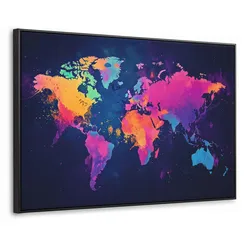 LEINWAND Bilder mit Rahmen - Weltkarte - Bunt - Graffiti - 150x100