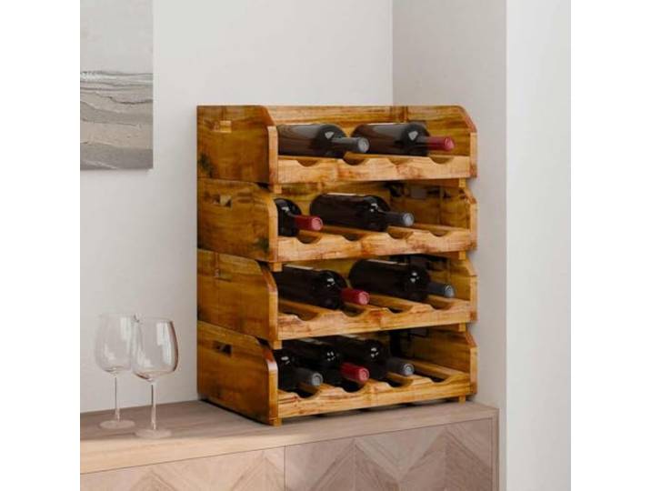 LPERTGFHU Weinregale 4 STK. Mahagoni Massivholz Flaschenhalter 16 Flaschen Rustikaler Vintage-Look, Stapelbares Design, Integrierte Tragegriffe