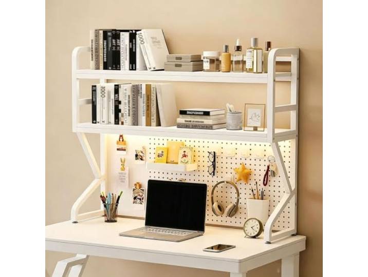 Tischregal 1/2 Etagen Tischaufbewahrungsregal Mit Aufhängeleiste Platzsparend Für Wohnheime, Büros und zu Hause(2‑Tier White+White,130cm/51in)