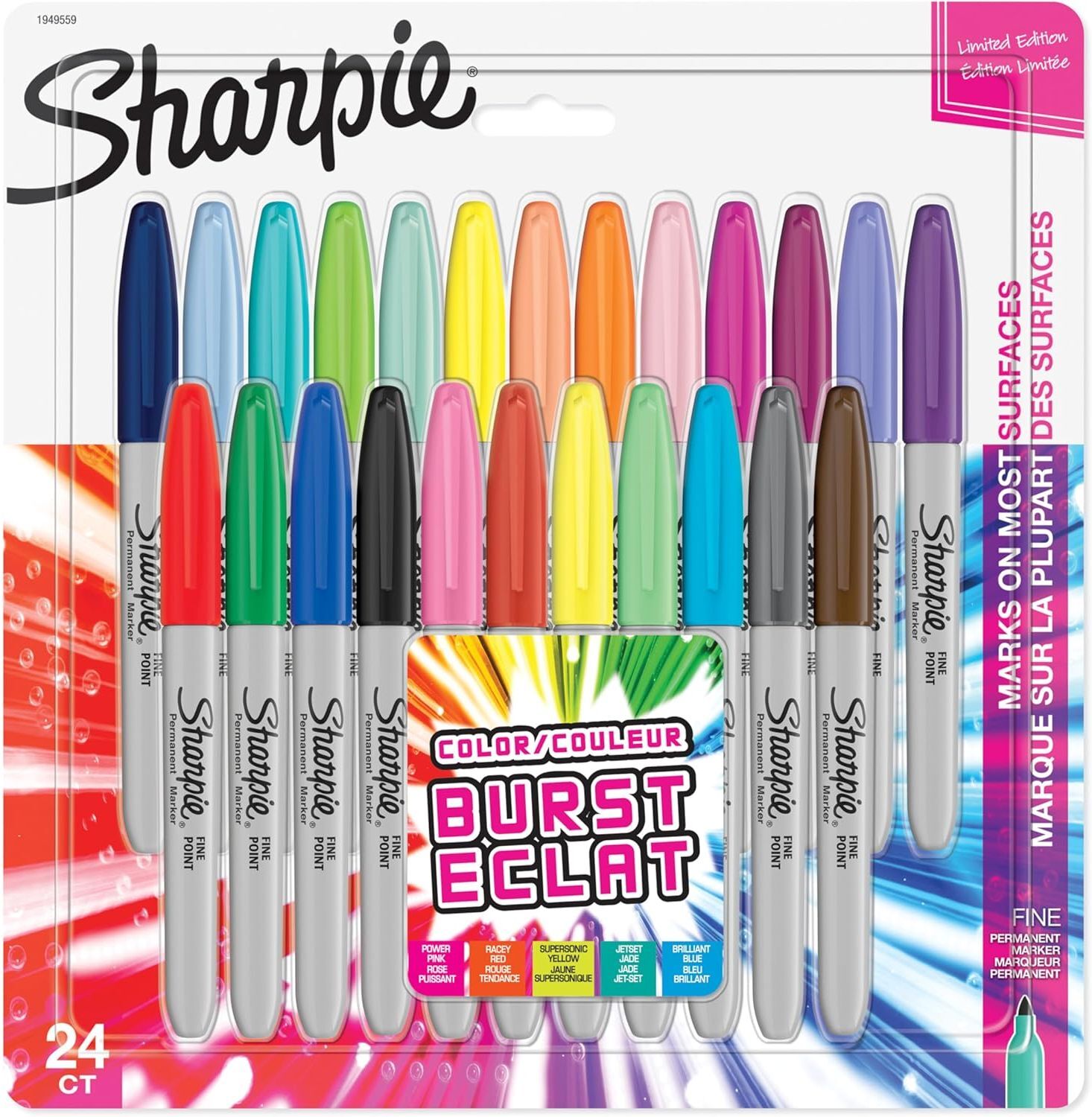 Sharpie Permanent Markers, Fine Point – Assorted Original & Colour Burst, 24-Pack