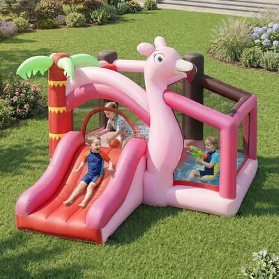 Homcom Qaba Inflatable Bounce House with Slide, Ball Pit & Basketball Hoop, 4-in-1 Jumping Castle with Blower, Pink