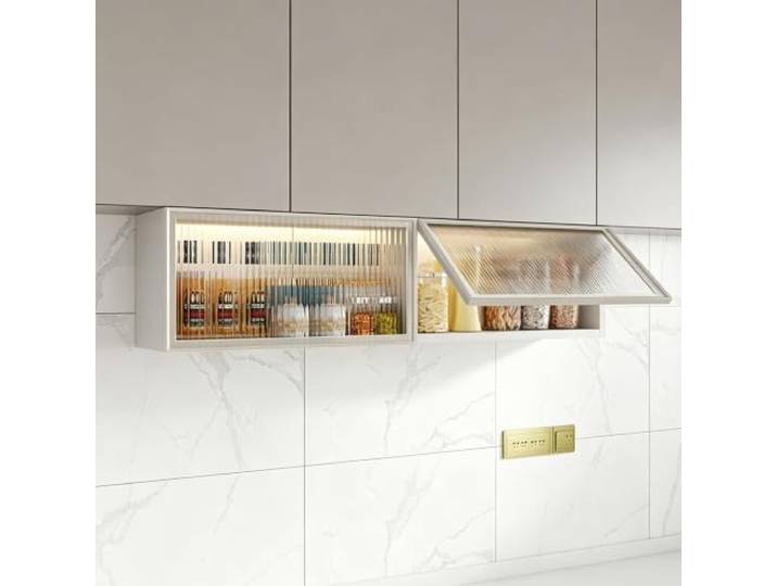 Schwebender Küchenhängeschränke Mit Nach Oben Öffnender Gehärteter Glastür Wandorganizer Für Küche Badezimmer Wohnzimmer, Gewürzregal Organizer(100x33x20cm/40x9x12in)