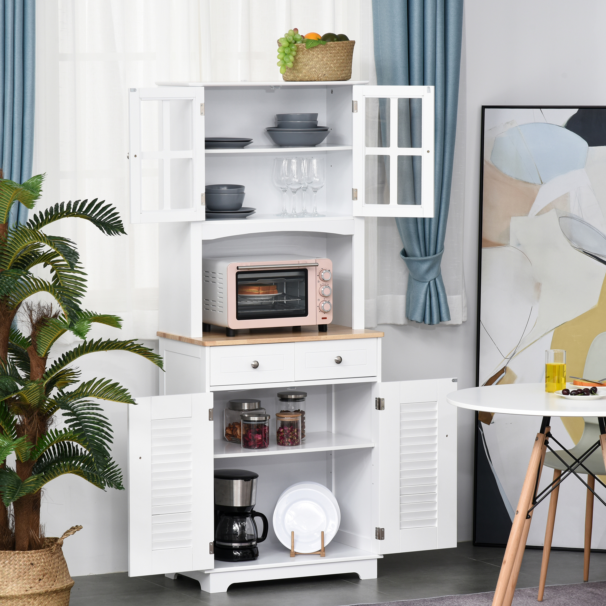 Homcom Credenza Alta per Cucina, Mobile Buffet in Legno Bianco, Armadio Dispensa in Stile Classico, Bianco, 68x39.5x170cm Aosom