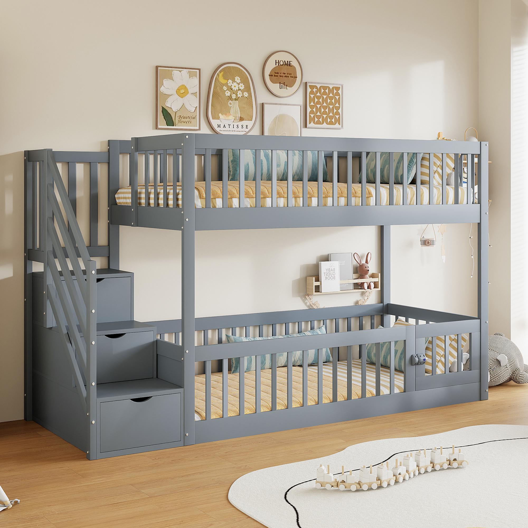 Sweiko Etagenbett 90x200 Kinderbett mit Sicherheitstreppe und Schubladen, Grau Holzeinzelbett mit Stauraumbett für Kinder, Jugendliche