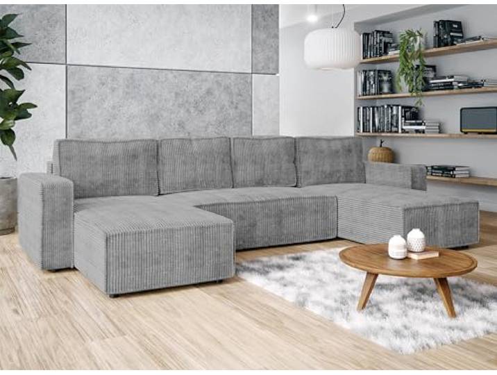 AXLIVING Aydin Sofa Wohnlandschaft mit Schlaffunktion U Form Hellgrau Liegefläche: 298 × 124 cm. Cordstoff: weich, strapazierfähig, PET-FRIENDLY. Praktischer Bettkasten. Wellenfedern.