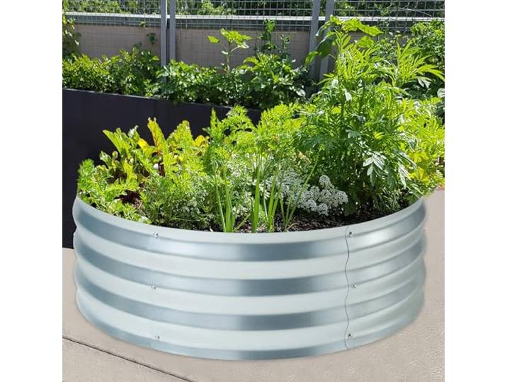 casa.pro Hochbeet Andrano Gemüsebeet für Garten Pflanzbeet Ø91,5 x 30,5 cm rund Blumenkasten ohne Boden verzinkter Stahl Silberfarben