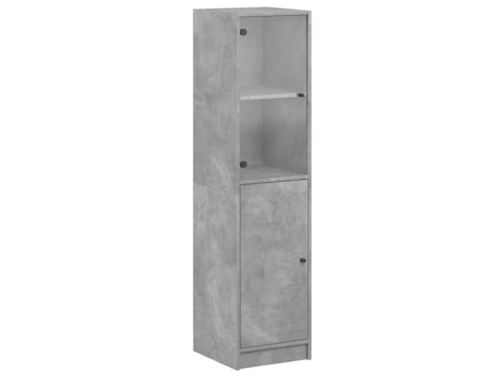 HKTMGDNG Highboard mit Glastür Vitrinenschrank Betongrau 35x37x142 cm Schmaler Standschrank für Wohnzimmer und Flur, vier Fächer bieten strukturierten Platz für Dekoration und Geschirr.