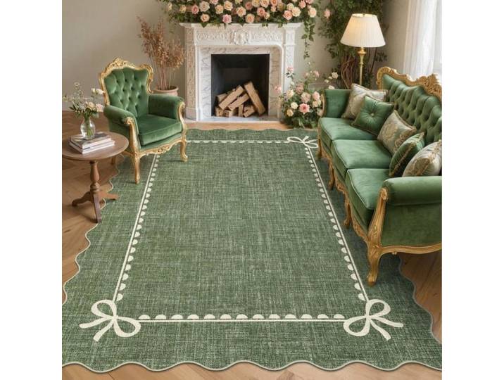 Tapis à volants vert 160×230cm motif nœud poils courts dos caoutchouc lavable antidérapant salon chambre