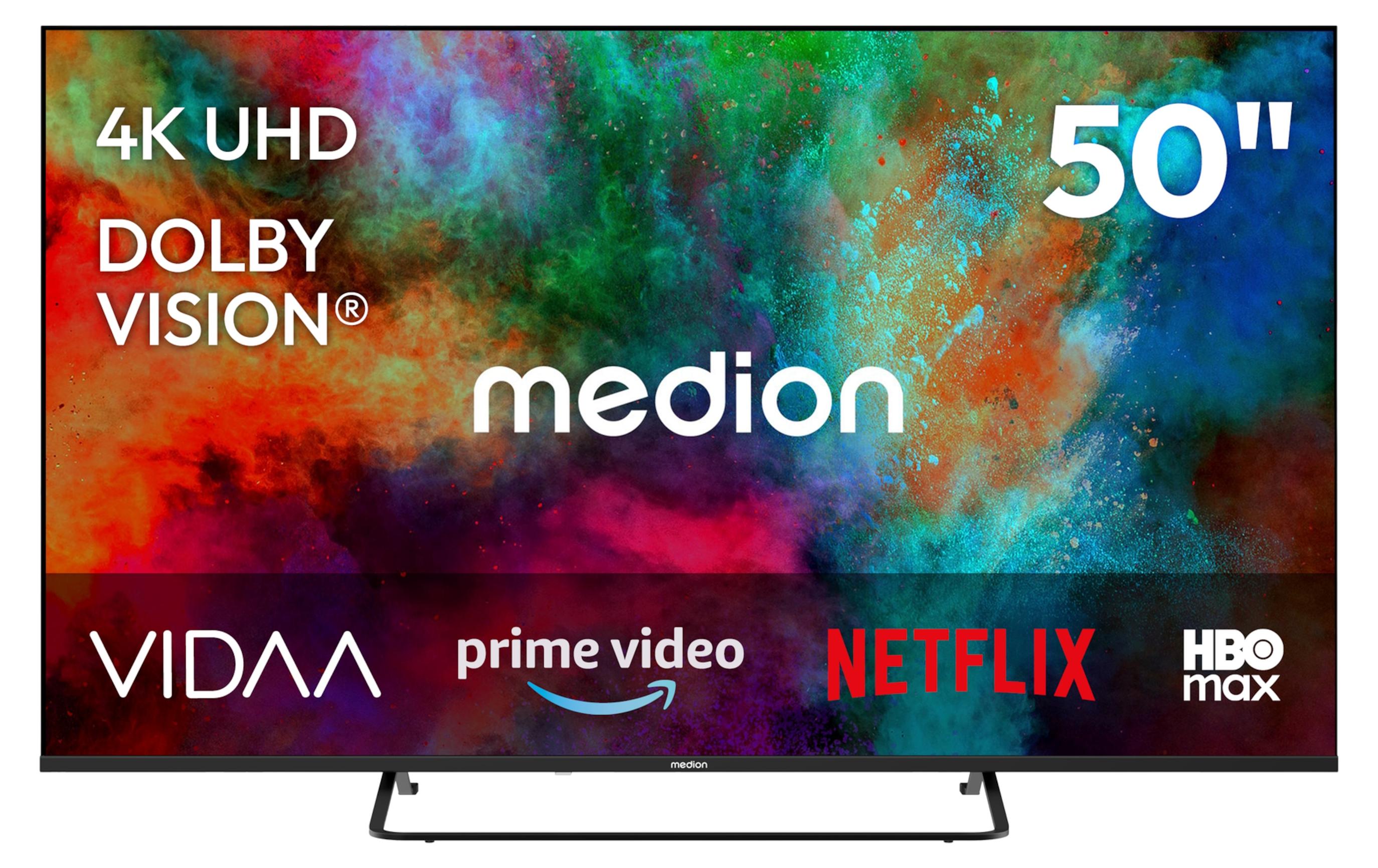 MEDION 125,7 cm (50 Zoll) Fernseher (Smart-TV, Dolby Vision HDR, HBO Max, MagentaTV, Prime Video, Disney+, DAZN, Paramount+, Dolby Atmos, VIDAA Store, PVR, Bluetooth, MD 850302)