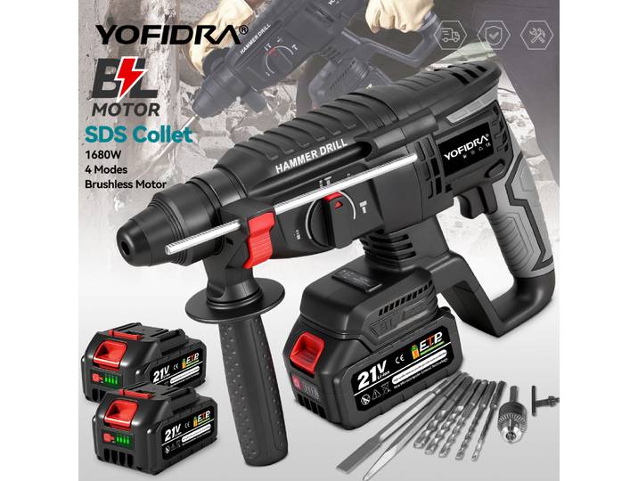 Yofidra 26mm marteau électrique sans brosse perceuse à percussion électrique outil rotatif sans fil multifonction pour broche de batterie Makita