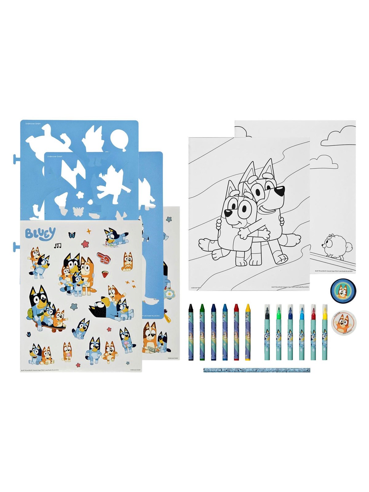 Undercover BLUEY stencil and colouring set.49pc