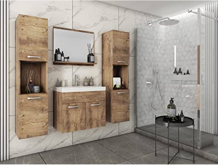 MINIO go for it - Badmöbel 4-Teilig Set Monal, Spiegel mit Regal Schrank mit Waschbecken Laminierte Spannplatte Griffe und Beschläge aus Metall Kasta