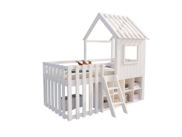 EXTSUD Kinderbett Hausbett 90x200, mit Dach und Fenster, mit offenem Stauraum, mit Kletterleiter, Massivholz-Kinderetagenbett ohne Matratze