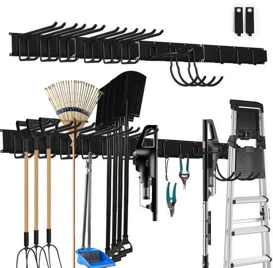Unyqoos RVS wandhouder voor tuingereedschap met 12 haken, 162,5 cm