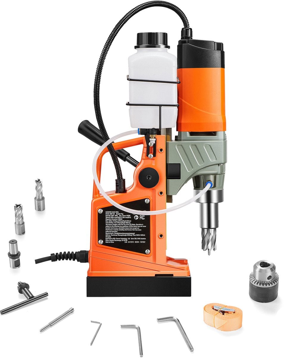 Draagbare elektrische magneetboormachine met 1450 W motor en variabele snelheid, oranje, inclusief 2 kernboren