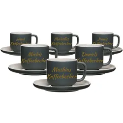 Kaffeetasse mit Untertasse Jasper 200 ml mit Text in Goldfarbe 6er Set - Grau