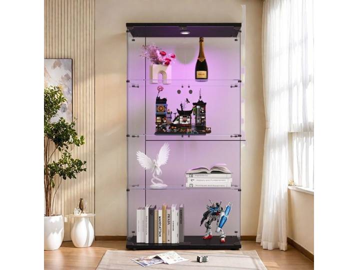 Vitrine en verre avec lumière LED Vitrine Armoire avec 4 étagères et 2 portes 80x36x164cm Noir