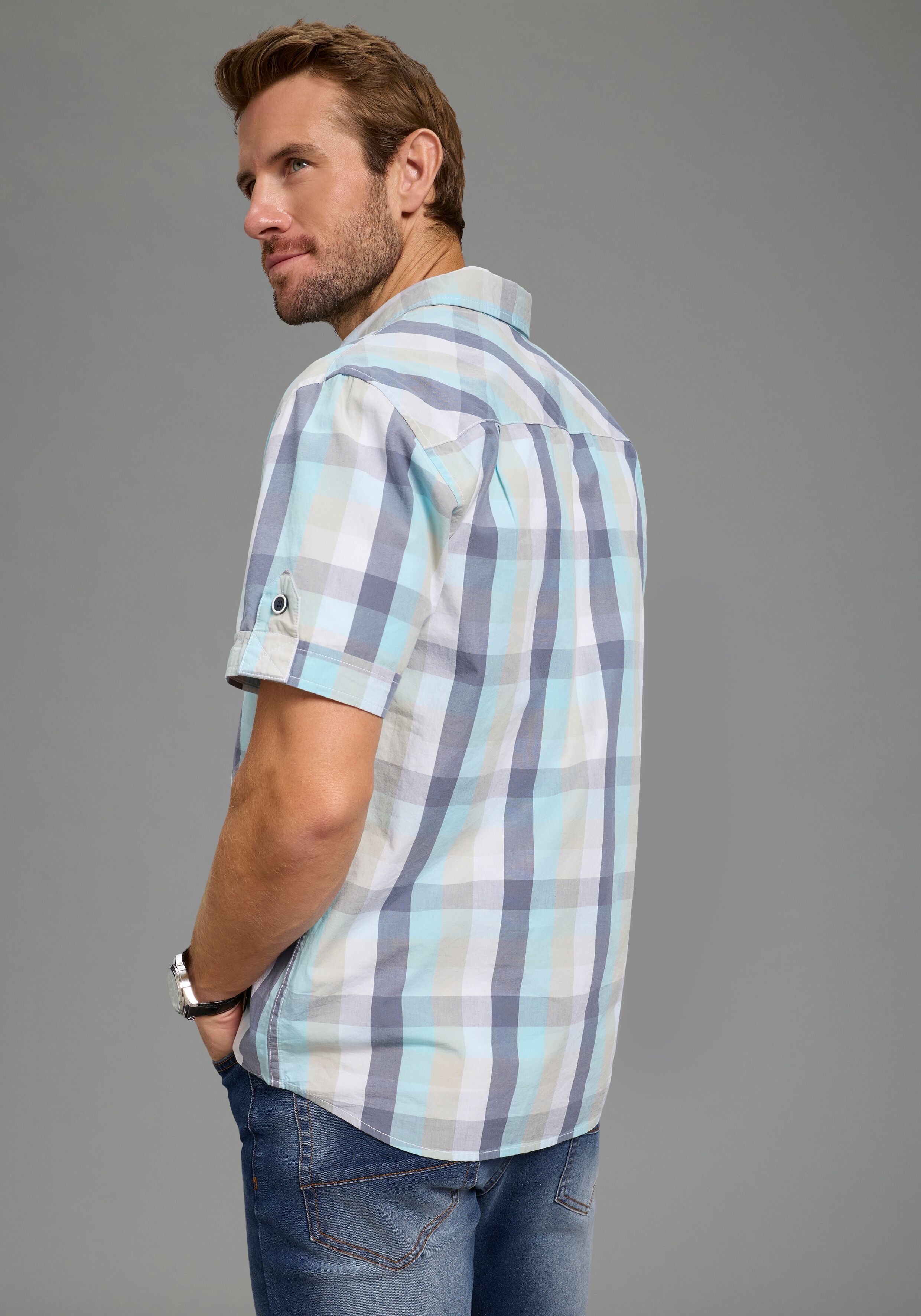 Kurzarmhemd KANGAROOS, Herren, Gr. M, N-Gr, blau (aqua, navy), Web, Obermaterial: 100% Baumwolle, comfort fit normal, mit Riegel, Hemden Kurzarmhemd, Kurzarm, für Casual- und Streetwear, aus Baumwolle, Comfort Fit aqua, navy M, N-Gr