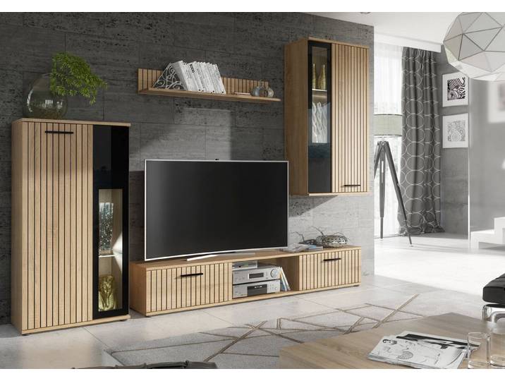 ASM-Moebel Wohnwand Wohnwand WOW HJZ mit Lamellen und Led Beleuchtung, Mit Lamellen und Led Beleuchtung
