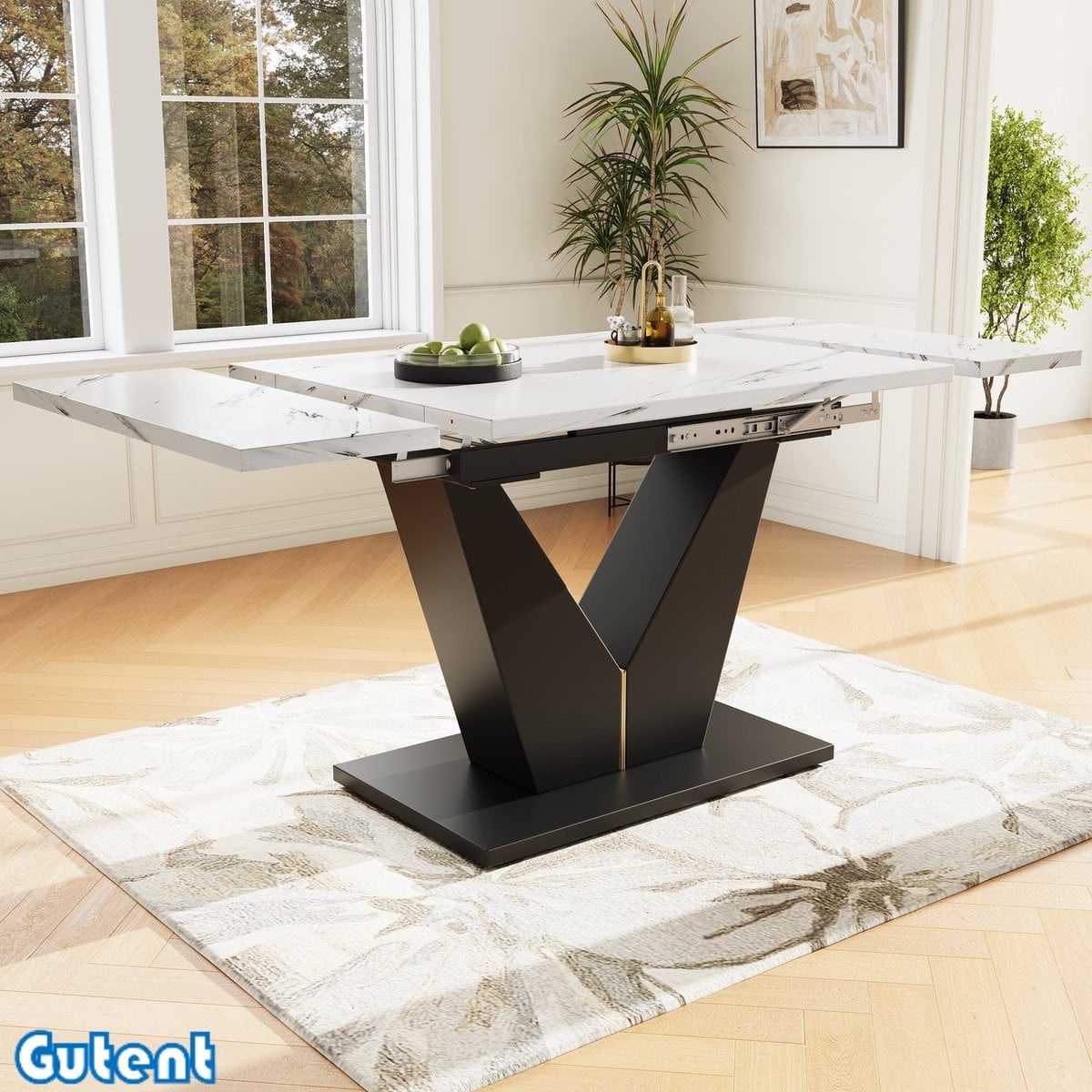 Gutent Uitschuifbare Eettafel Wit met V-vormige Decoratie B: 99-159 cm, D: 75 cm