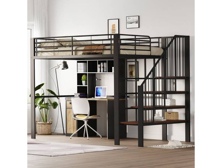 Lit mezzanine 140x200 cm lit en métal avec espace de rangement lit double noir