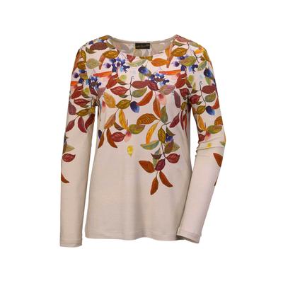 Longpullover GOLDNER "Kurzgröße Bezauberndes Druckshirt mit Motivdruck", Damen, Gr. 23, beige (sand, gemustert), Obermaterial: 95% Viskose CV. 5% Elasthan EL., U-Boot-Ausschnitt, Sonstiges, Pullover Longpullover, Ohne